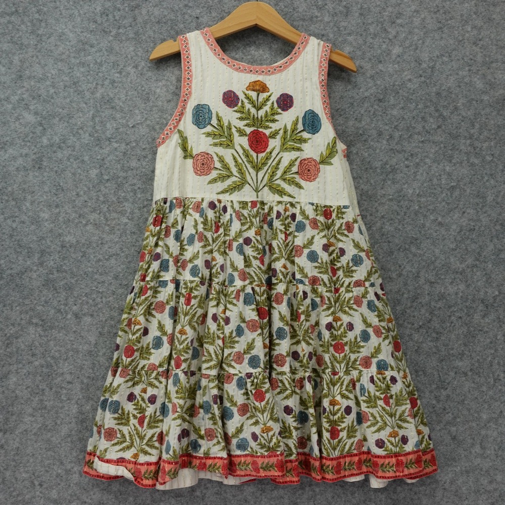 Girls Floral Tiered Dress 7 Floral Metallic Stripe Cottagecore Boho Pink Chicken